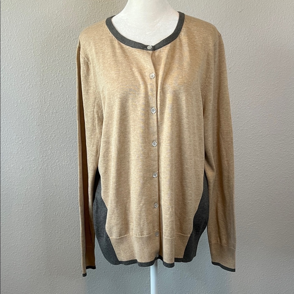 Lands End Cotton Colorblock Cardigan Gray/Beige Size Large